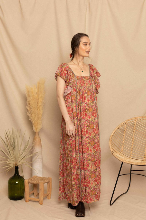 vestido largo manga volante flores