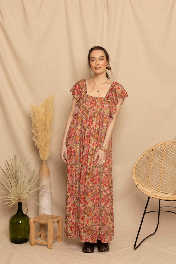 vestido largo manga volante flores