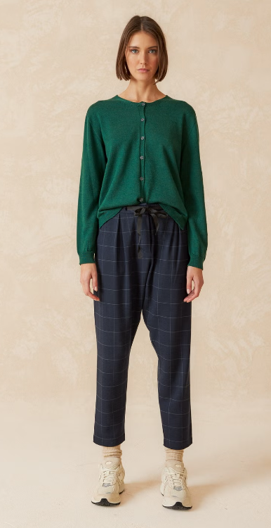 pantalon cuadros con botones en cremallera, lazo y pinzas