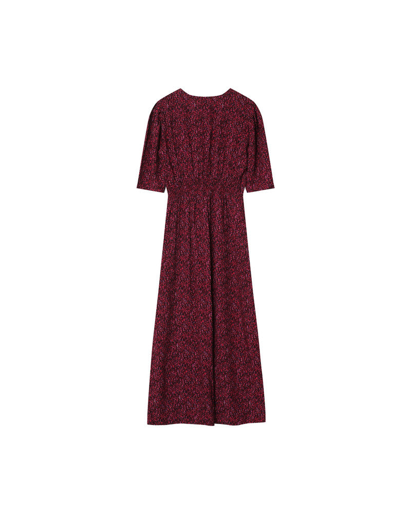 vestido estampado tonos rojos elastico cintura