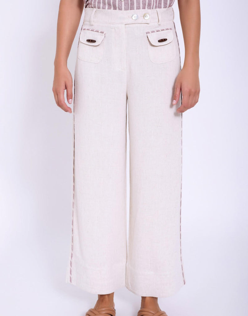 pantalon mezcla lino bolsillos frontales boton madera
