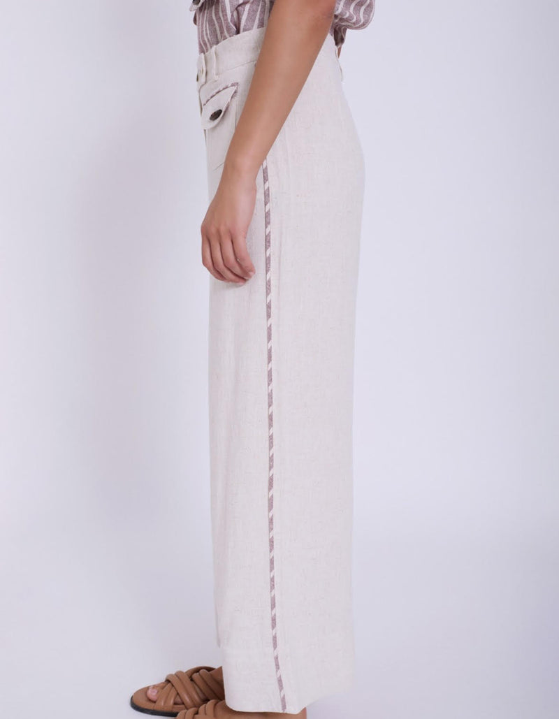 pantalon mezcla lino bolsillos frontales boton madera