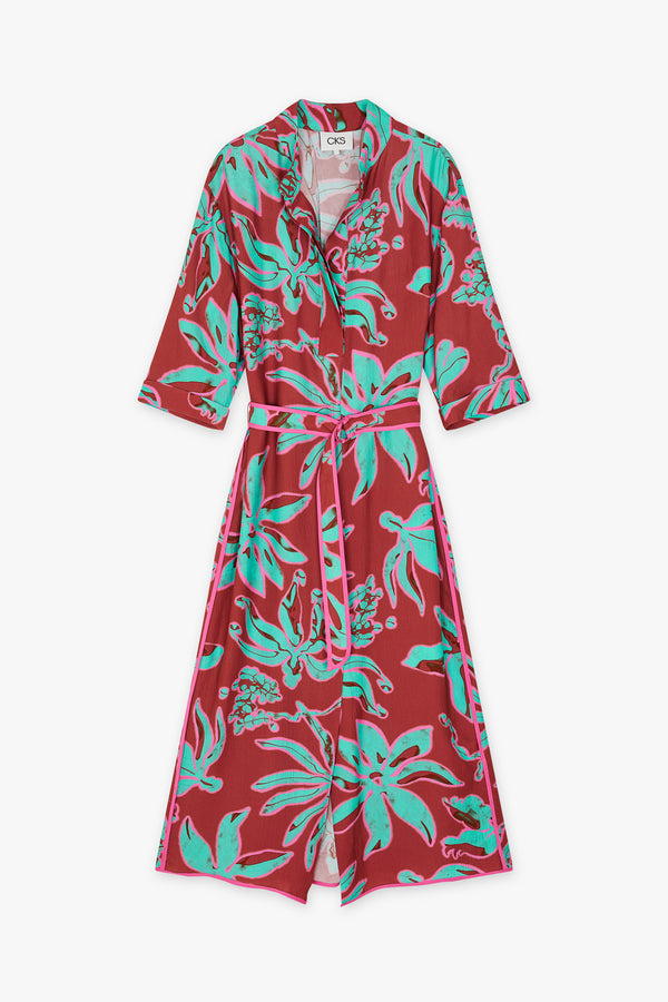 Vestido estampado palmera vivo rosa