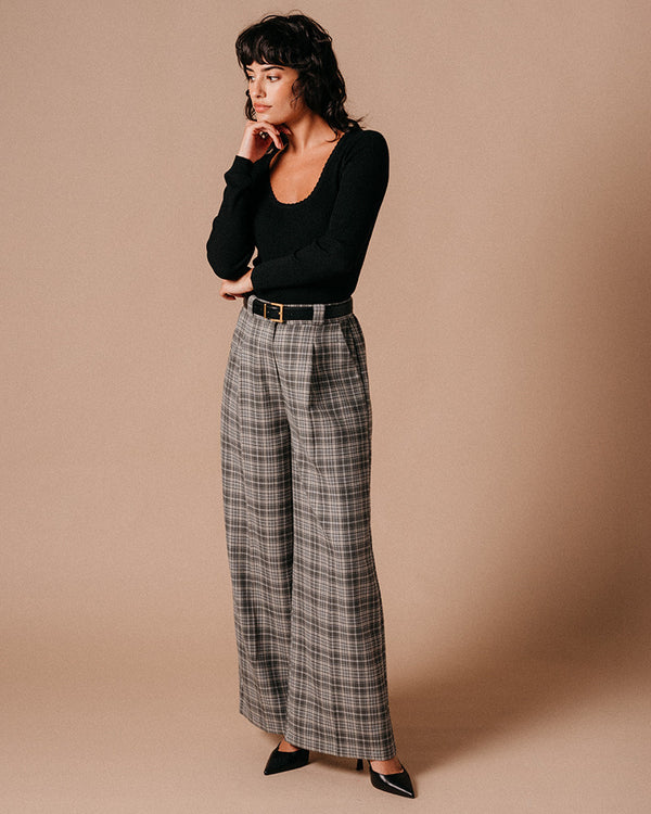 Pantalon cuadros gris/beige pata ancha