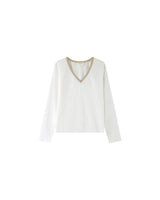 Camiseta m/larga cuello pico blanca dorada