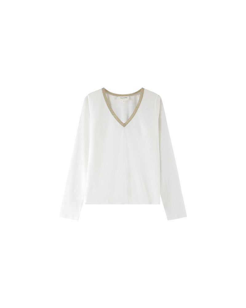 Camiseta m/larga cuello pico blanca dorada