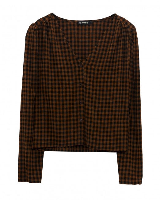 Camisa cuadros manga larga cuello pico