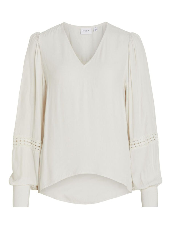 Camisa cuello pico manga larga,franja tira bordada