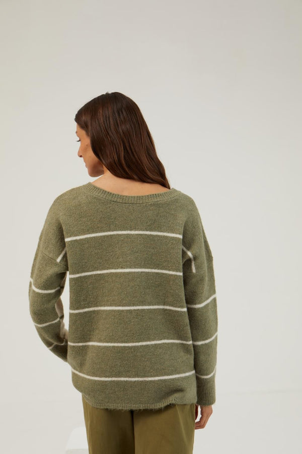 Jersey manga larga cuello redondo blanco/verde rayas