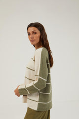 Jersey manga larga cuello redondo blanco/verde rayas