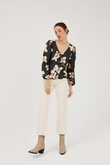 Camisa pico gris flor grande blanca/rosa