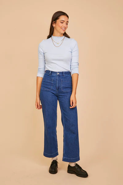 Vaquero denim bolsillo delante recto ancho