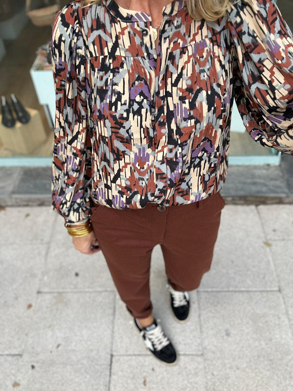 Camisa manga frunce estampada marron