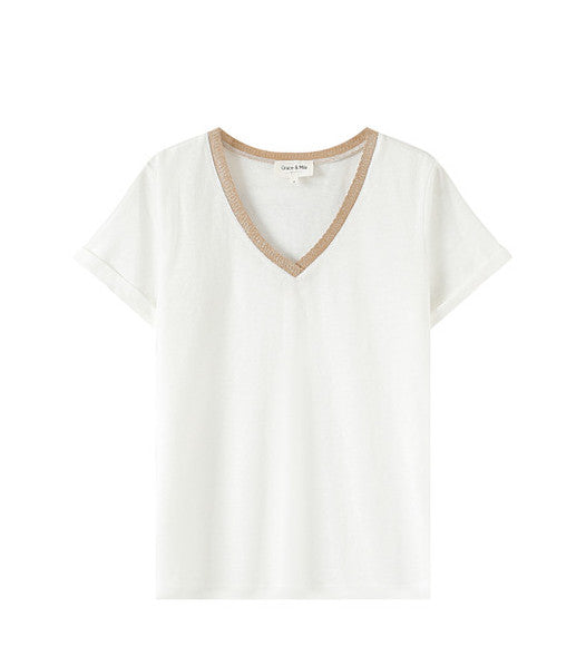 Camiseta m/c cuello pico dorado blanca