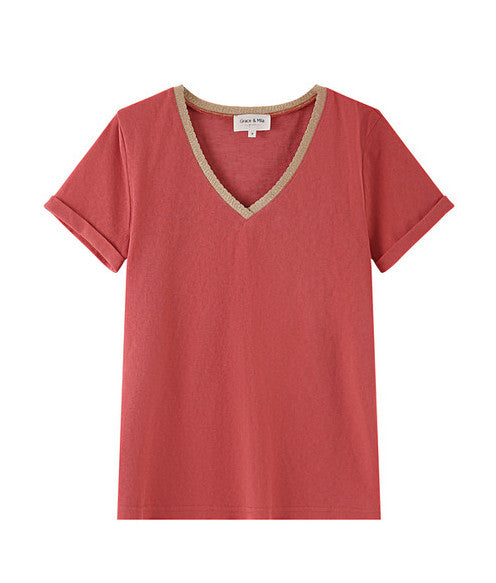 Camiseta m/c cuello pico dorado rosa