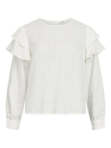 Camisa blanca cuello redondo cuadraditos  manga