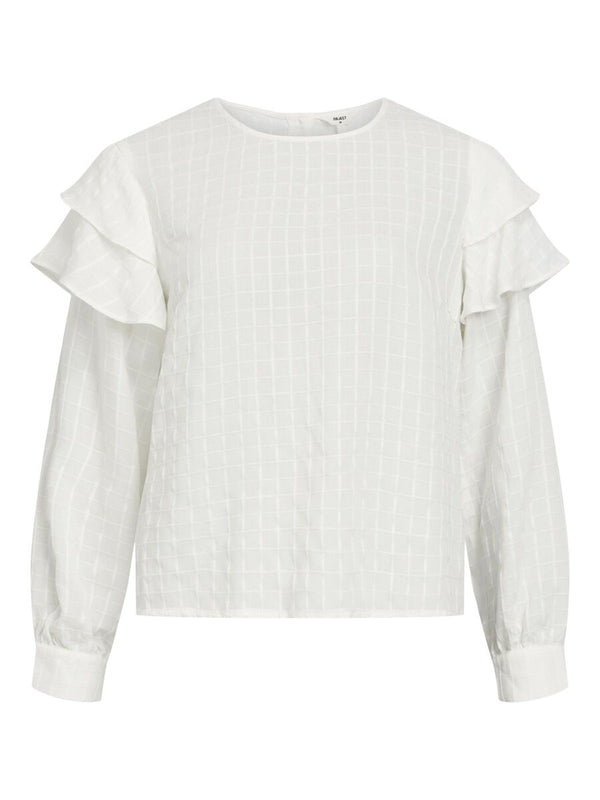 Camisa blanca cuello redondo cuadraditos  manga