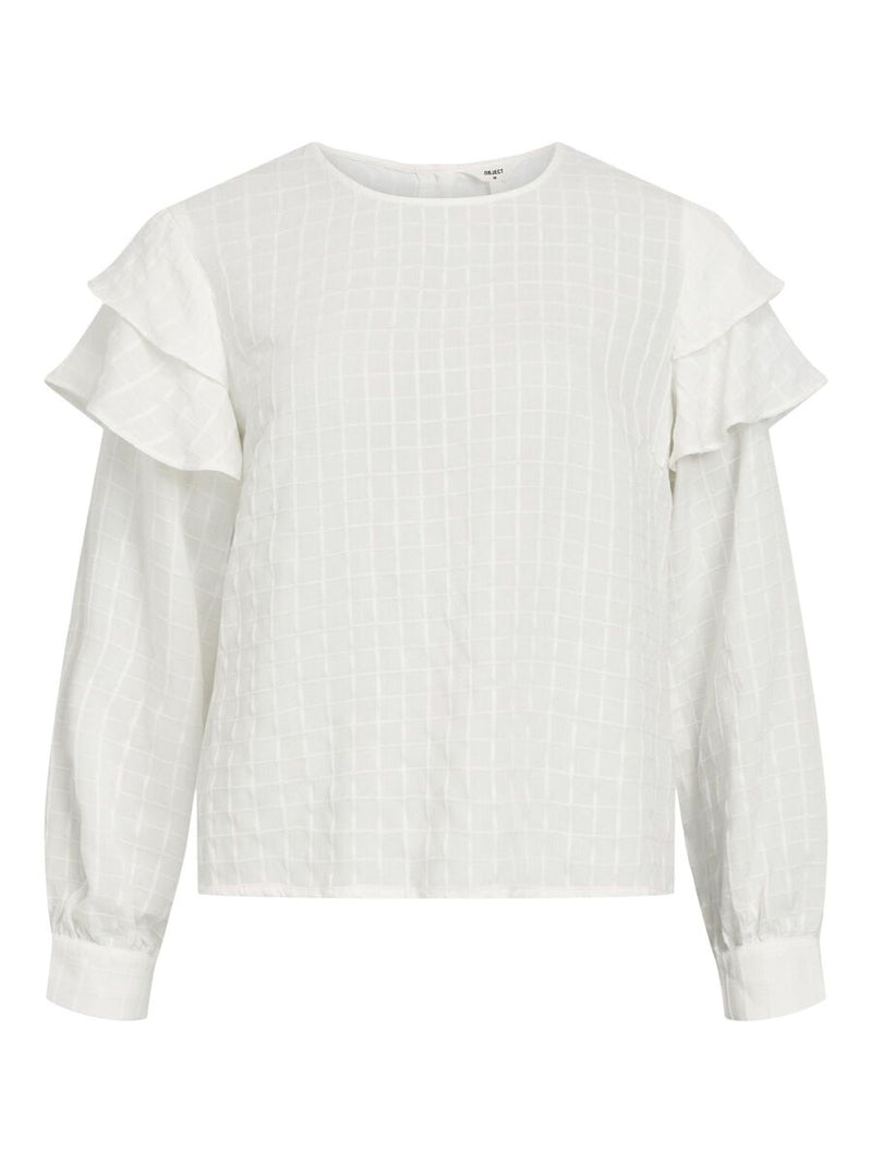 Camisa blanca cuello redondo cuadraditos  manga