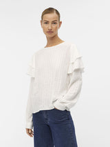 Camisa blanca cuello redondo cuadraditos  manga