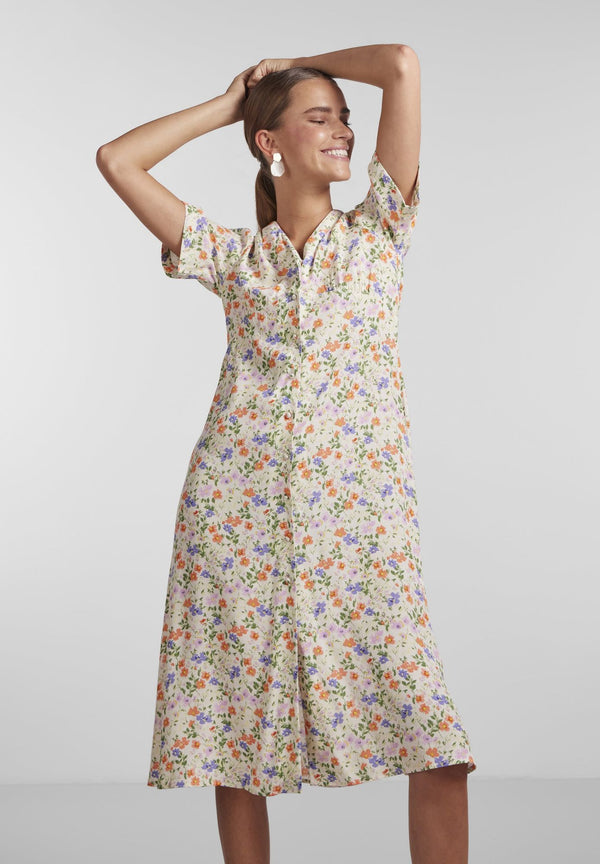 VESTIDO MIDI FLORES PEQUEÑAS CUELLO PICO