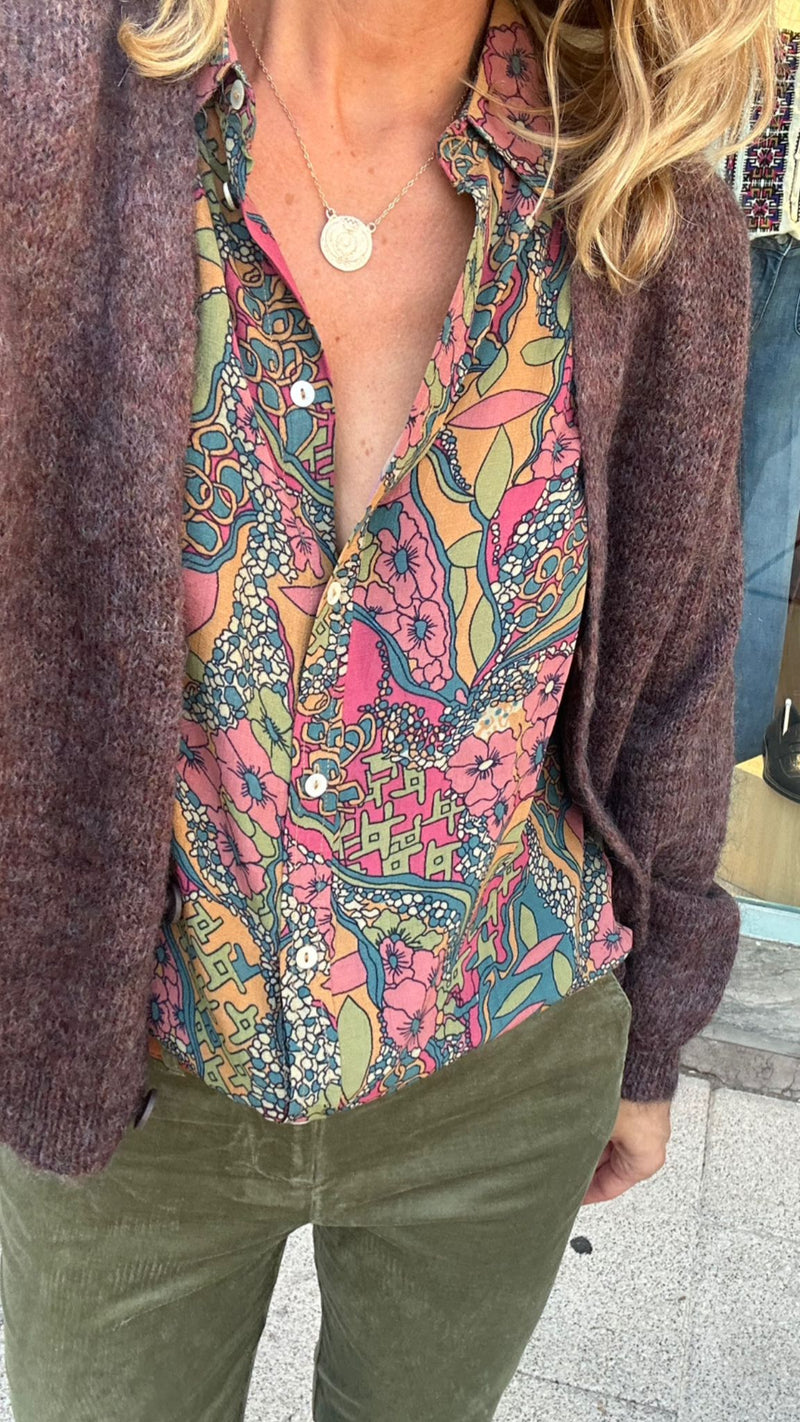 Camisa flores verde/rosas