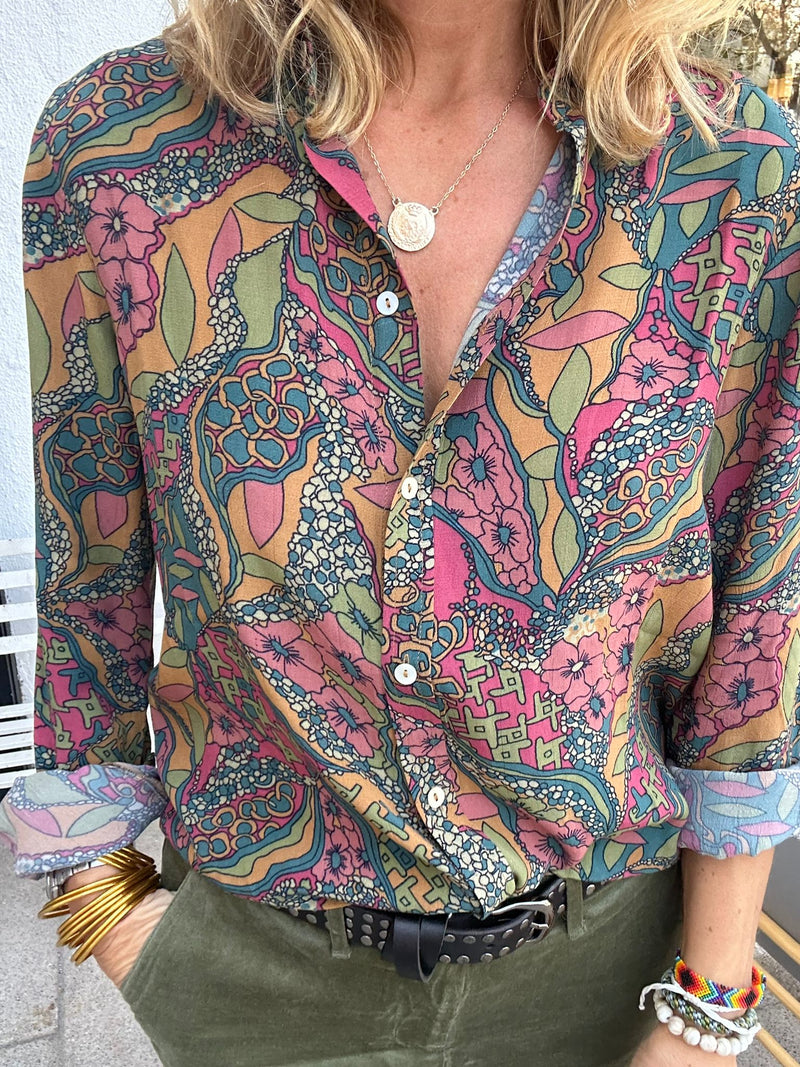 Camisa flores verde/rosas