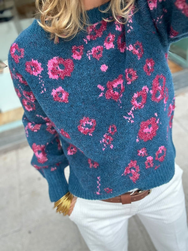 JERSEY AZUL CON FLOR ROSA