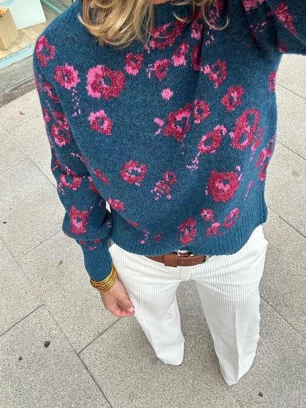 JERSEY AZUL CON FLOR ROSA