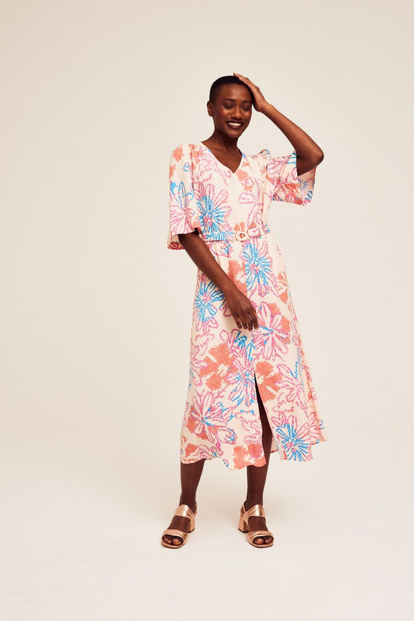Vestido estampado flores grandes rosa y azul